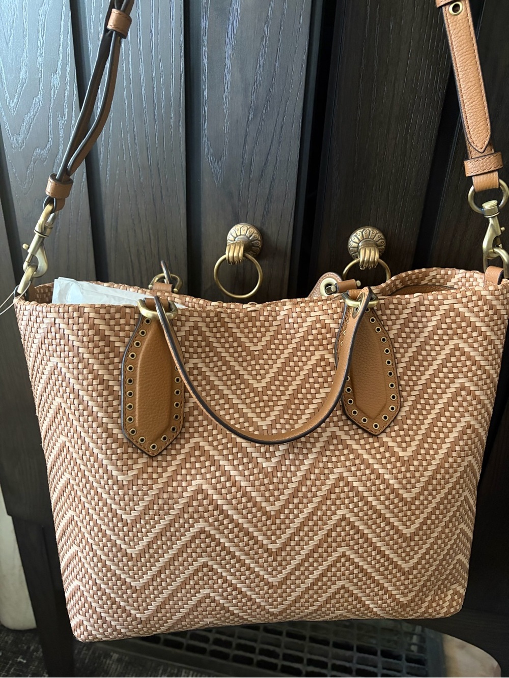 Michael Kors Woven Chevron Tote in Tan and Cream leather